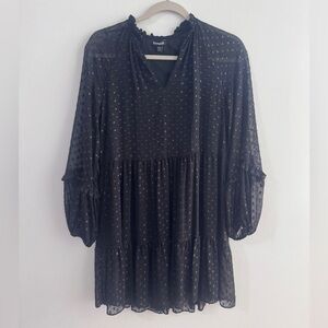 Express Black Shimmering Polka Dot Dress With Sheer Long Sleeves Sz XS